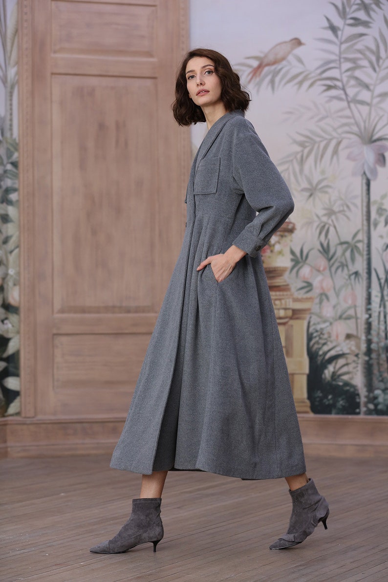 gray wool coat 100% cashmere coat maxi coat in gray black image 6