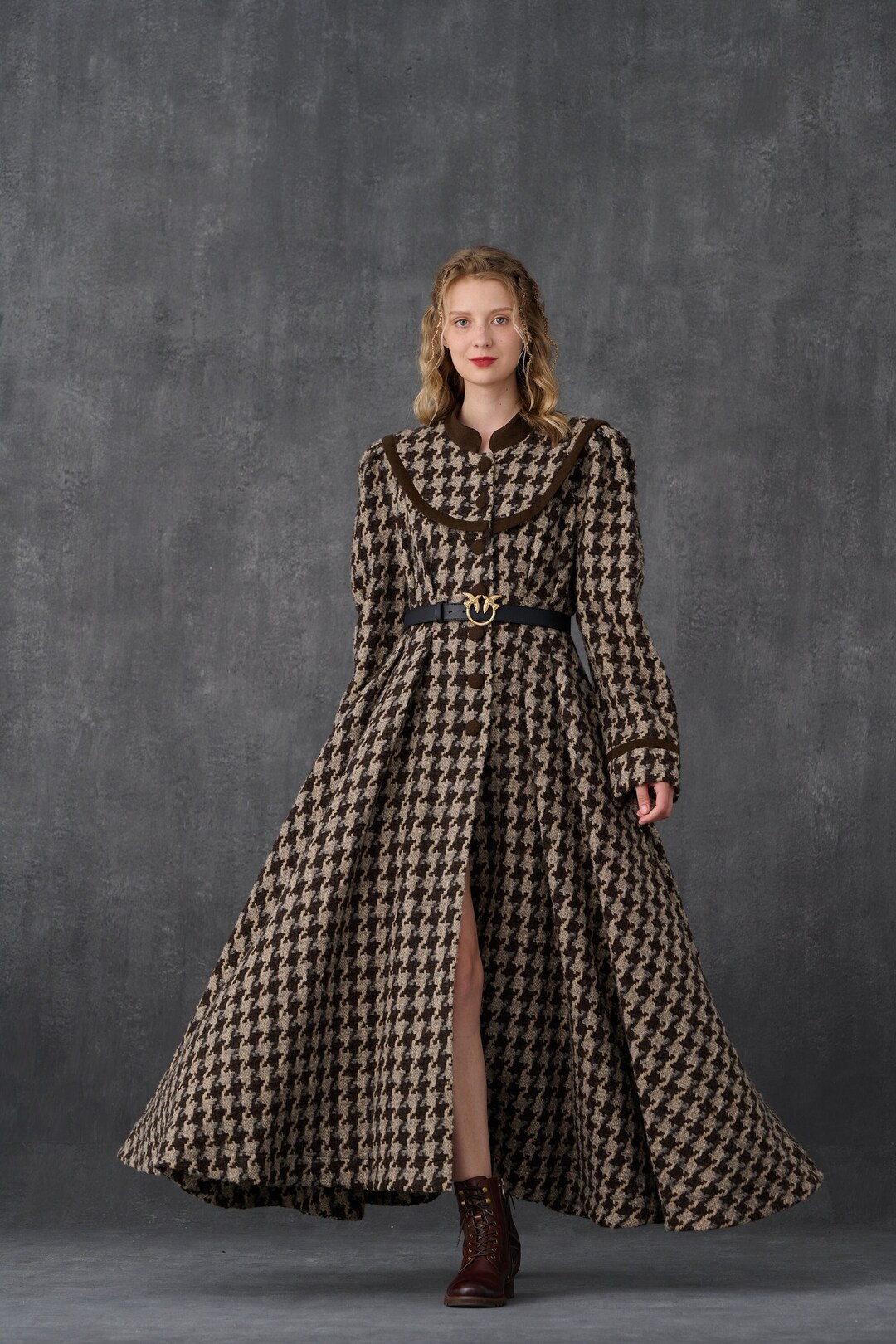 Maxi Wool Coat, Houndstooth Vintage Wool Coat, Single Breasted Wool
