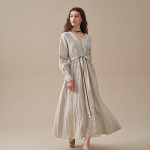 V-neck linen dress, Beige dress, vintage dress, pintucked dress, cocktail dress, button-embellished dress Linennaive image 5