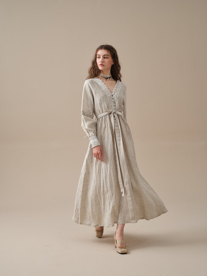 V-neck linen dress, Beige dress, vintage dress, pintucked dress, cocktail dress, button-embellished dress Linennaive image 5