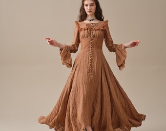 ruffle linen dress, corset lace dress, vintage dress, elegant dress, princess dress, long sleeved dress | Linennaive