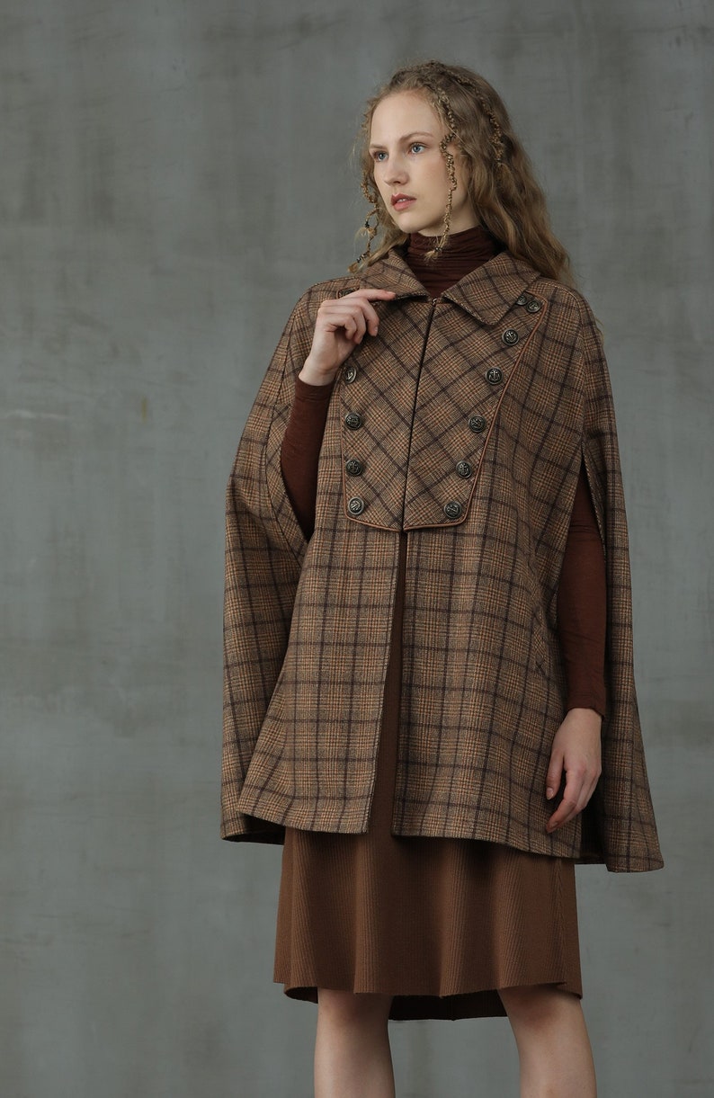 1940s Clothing & 40s Fashion or Women     tartan wool coat with pockets  midi wool cape check wool cape double breasted cloak long wool coat pink coat | Linennaive $229.00 AT vintagedancer.com