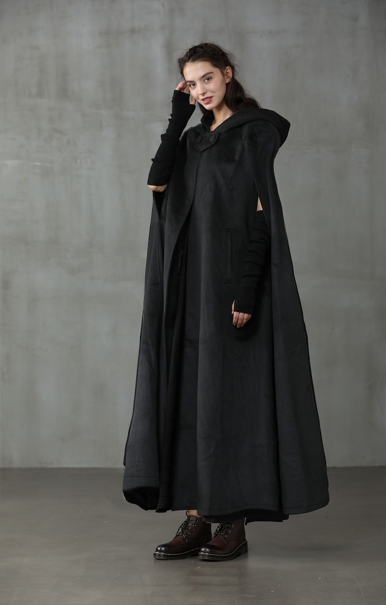 Linennaive cloak, Maxi Hooded Wool Coat Cloak, 100% Wool, Maxi woolCape, Hooded Cape, Wool Hooded Cloak In Green,Black, Grey image 10