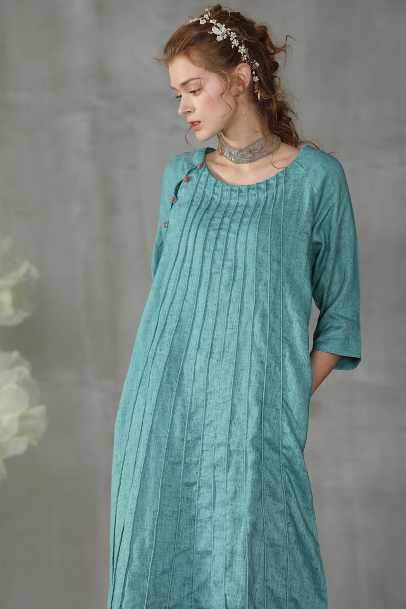 fall dress boho dress pintucked linen dress green dress midi dress Linennaive long dress