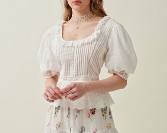 Linen blouse in white, victorian blouse, vintage blouse, summer blouse, pleated blouse, cropped blouse, women blouse | Linennaive