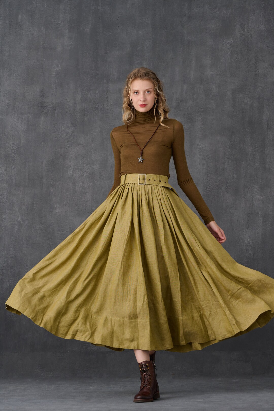 Belted Linen Skirt in Golden Pleated Linen Skirt Retro Linen Etsy