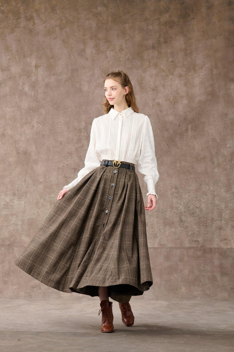 Retro Plaid Midi Wool Skirt, brown wool skirt, Button front Midi Skirt, Pleat Skirt, pockets skirts, Plus Size Skirt Linennaive image 4