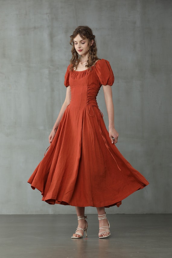 Girdle Linen Dress in Red , Maxi Linen Dress, Cocktail Dress, Puff