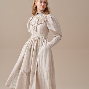 ruffled linen dress in creamwhite, victorian dress, vintage dress, elegant dress, long sleeved dress Linennaive image 5