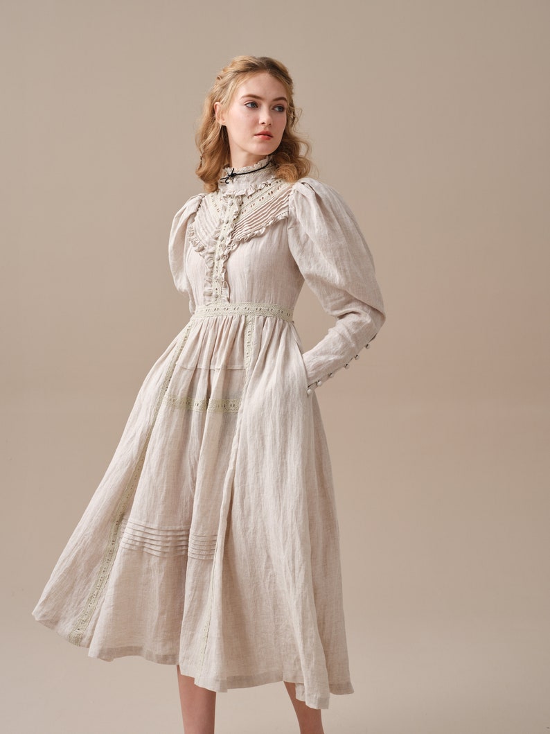 ruffled linen dress in creamwhite, victorian dress, vintage dress, elegant dress, long sleeved dress Linennaive image 5