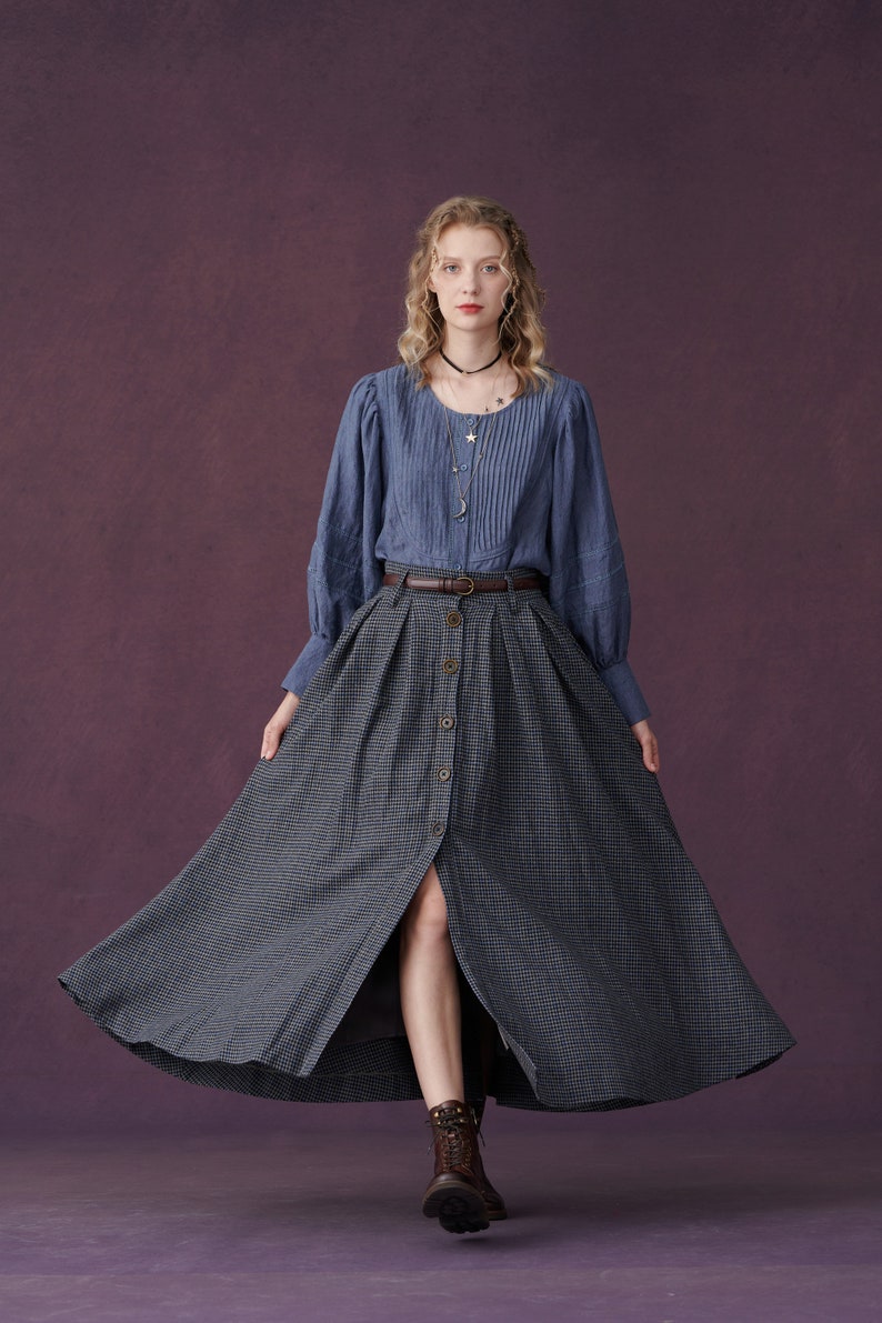 Blue Linen Blouse Top Puff Sleeve Blouse Victorian Blouse Etsy