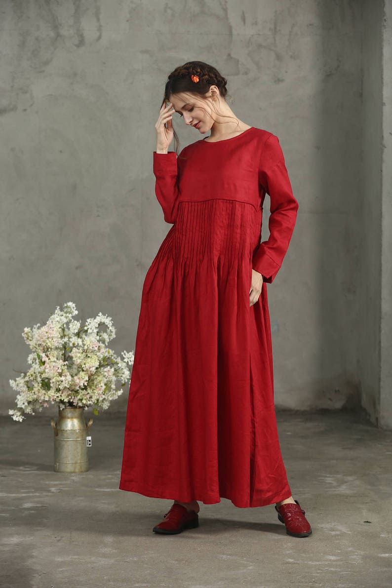 Maxi Linen Dress Red Dress Pleated Waist Dress Red Linen | Etsy
