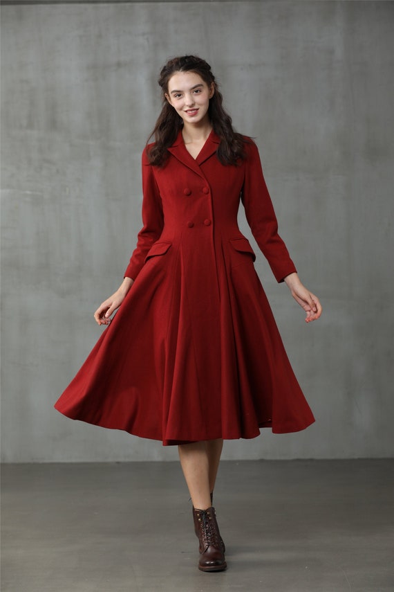 Dress Coat Flared Wool Coat Red Brown Wool Fit And Flare Coat  Vintage  Long Winter Wool