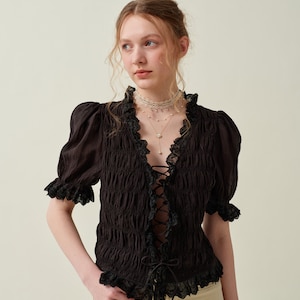 Smocked linen blouse in black, ruffle blouse, puff-sleeve blouse, short sleeved blouse, victorian blouse, summer blouse | Linennaive