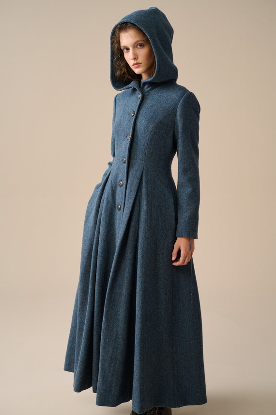 Hooded Maxi Wool Coat in Starry Blue, Retro Hooded Wool Coat
