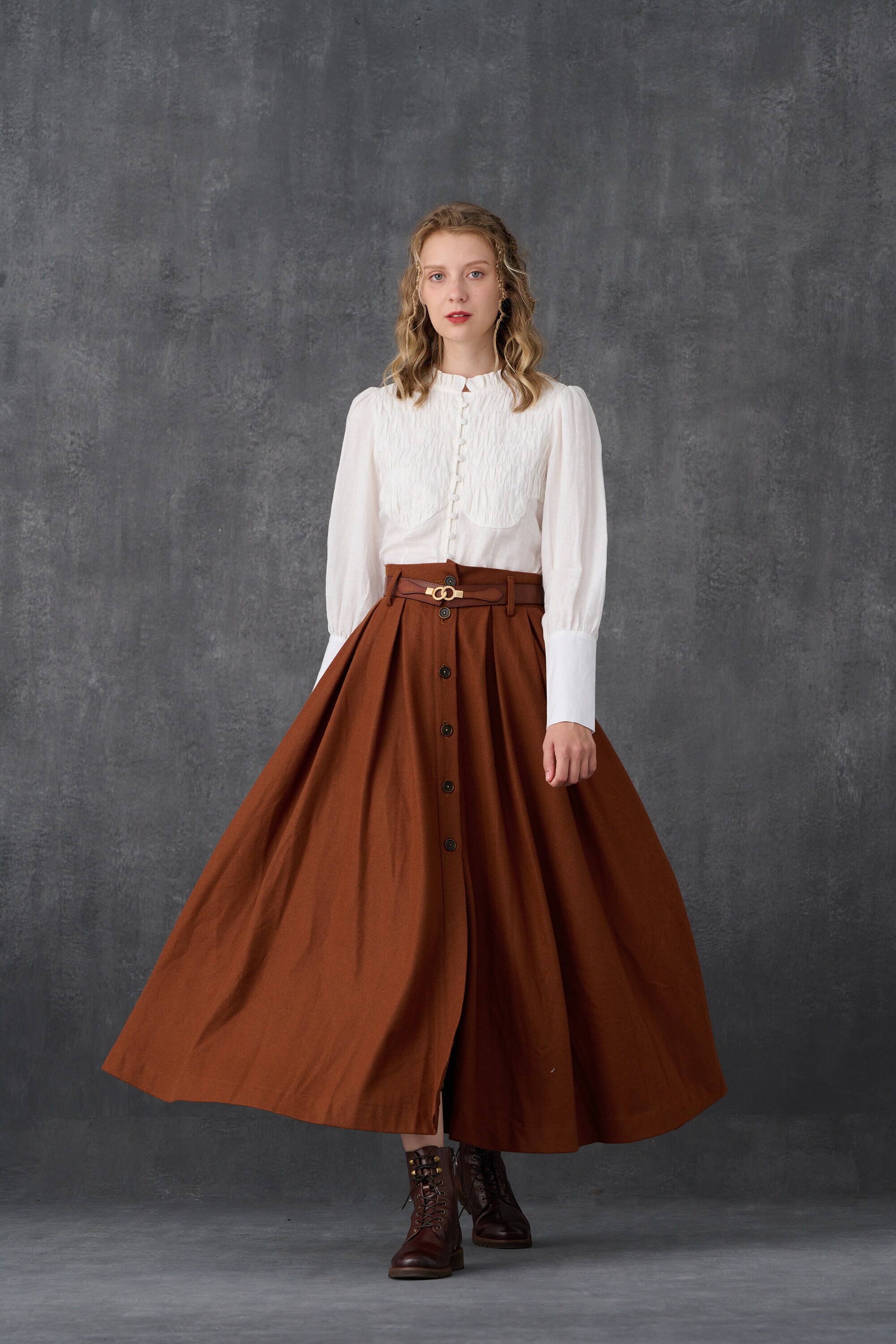 Wool Skirt in Brown, Wool Maxi Skirt, Pleated Wool Skirt