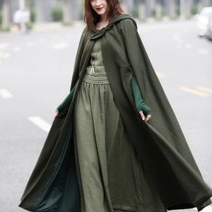 Maxi Hooded Wool Coat Cloak, 100% wool, Maxi wool Cape, Hooded Cape, Wool Hooded Cloak In Green,Black, Grey Linennaive image 3