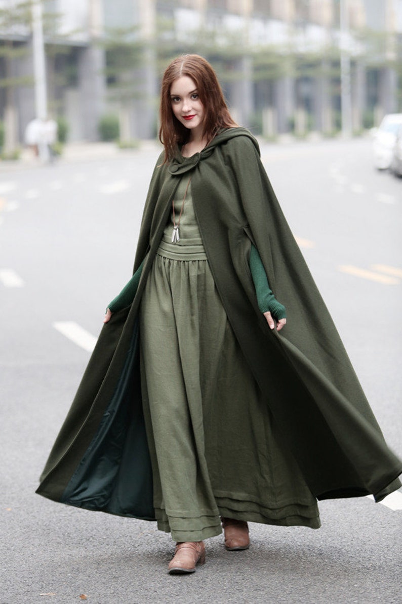 Maxi Hooded Wool Coat Cloak, 100% wool, Maxi wool Cape, Hooded Cape, Wool Hooded Cloak In Green,Black, Grey Linennaive image 3