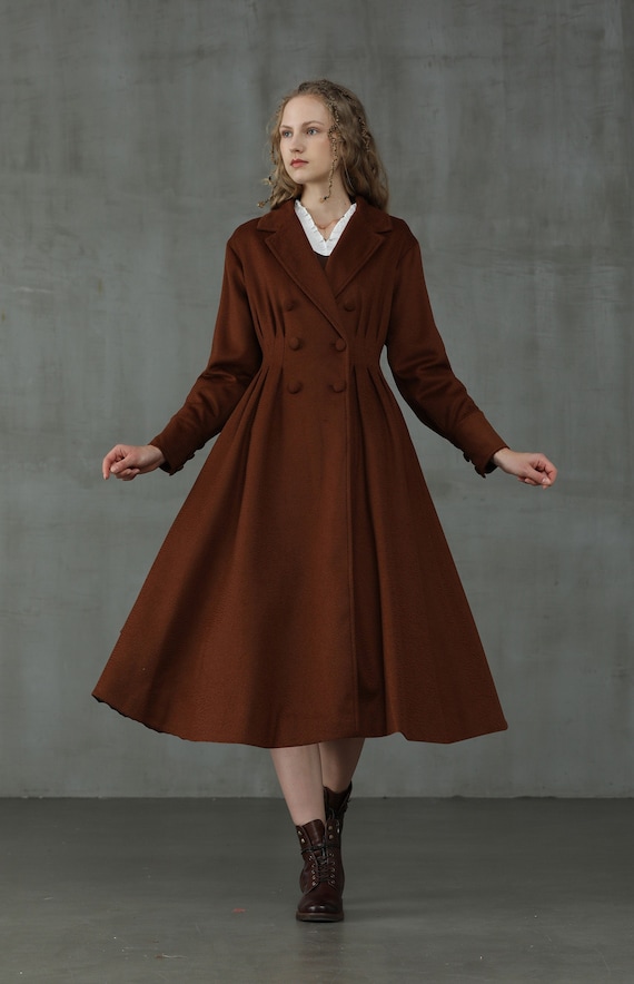 Wool Coat in Dark Brown, Double Breasted Wool Coat Jacket, Flared