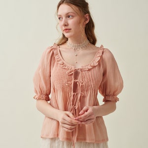 Ruffled linen blouse in peach, victorian blouse, vintage blouse, puff sleeve blouse, women blouse, summer blouse | Linennaive