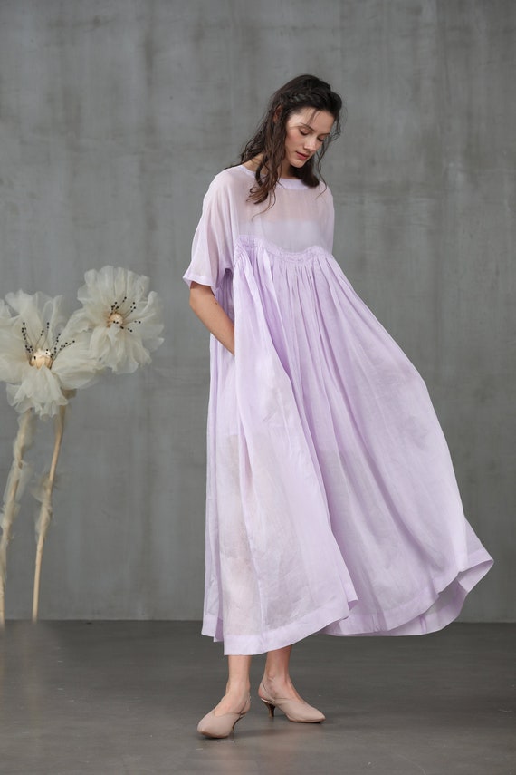 Linen dress midi dress in lilac loose fitting dress | Etsy