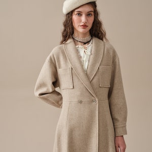 maxi wool coat in oat cream, women coat, double breasted coat, winter coat, retro coat, warm coat Linennaive image 4