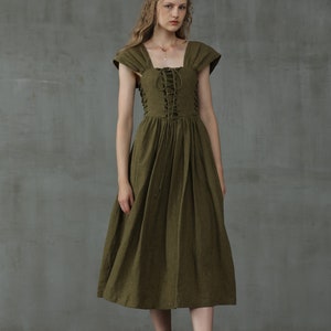 Corset Linen Dress in Dark Green, Front Lace-up Dress, Mid calf Dress, Cocktail Dress Linennaive image 3