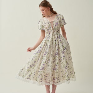 Floral linen dress, shirred dress in violet, puff sleeve dress, summer dress, elegant dress, vintage dress, plus women dress Linennaive image 5