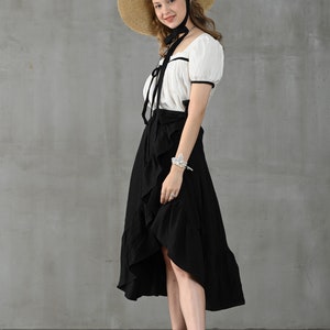 Wrap linen skirt in black, ruffled linen skirt, front-slit linen skirt, flared linen skirt, A line skirt Linennaive image 3