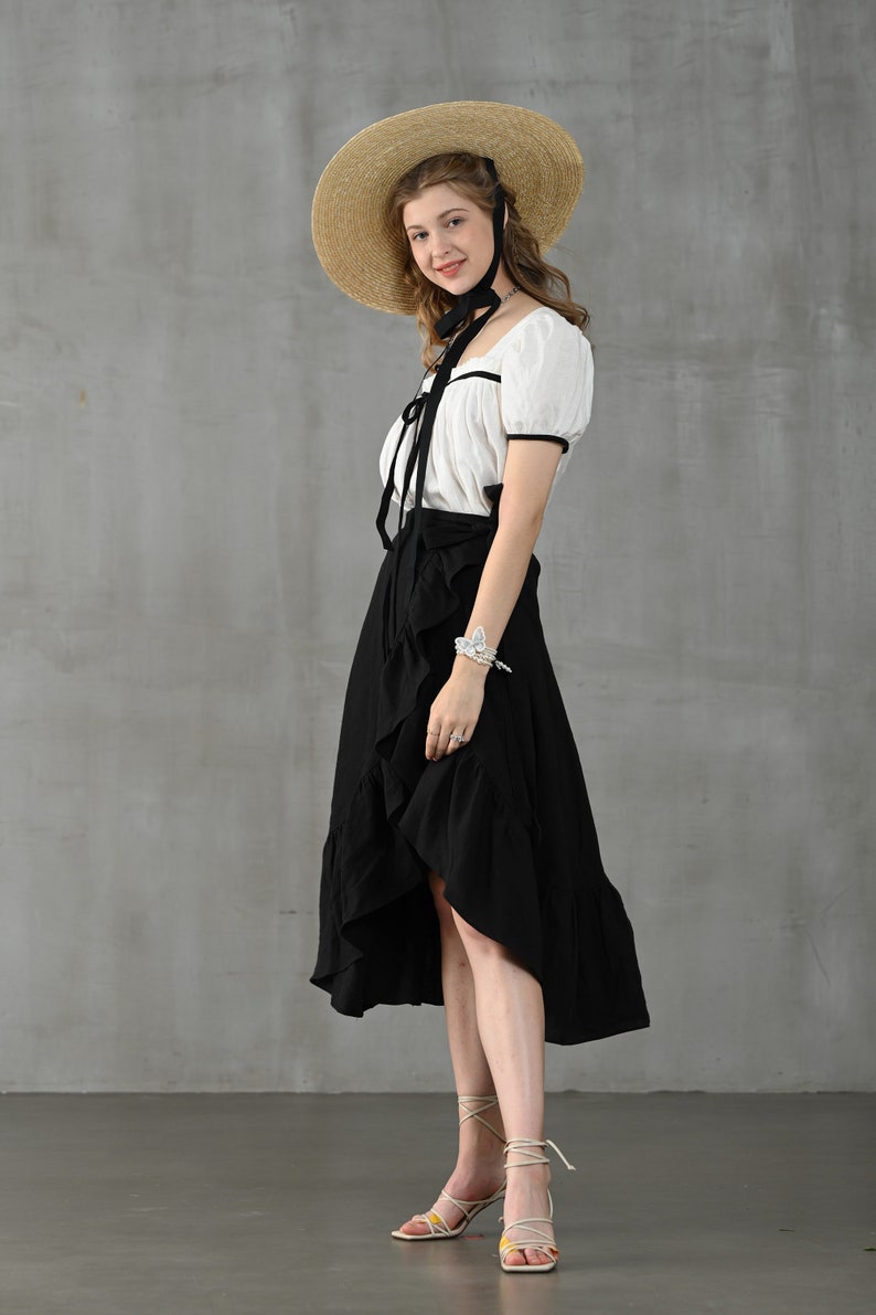 Wrap linen skirt in black, ruffled linen skirt, front-slit linen skirt, flared linen skirt, A line skirt Linennaive image 3