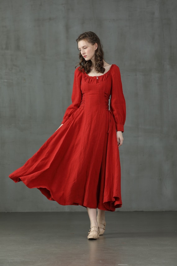 Maxi Red Linen Dress Lacing up Linen ...