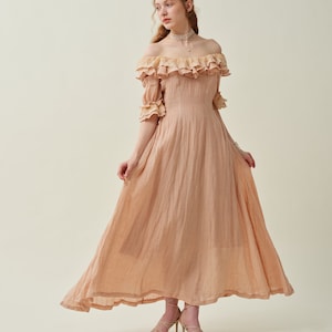 Ruffle Linen Lace Dress in Light Pink, Maxi Dress, Medieval Dress, Victorian Dress, Evening Dress, Puff Sleeve Dress | Linennaive
