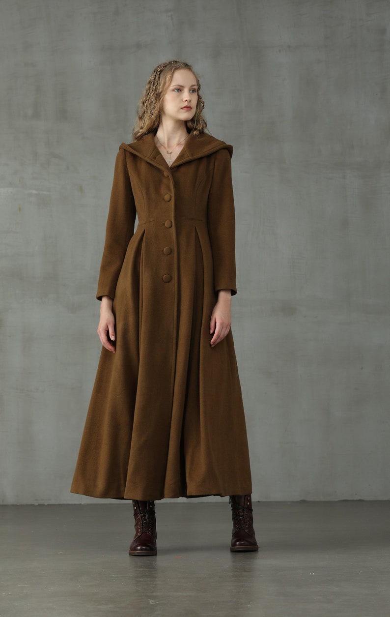 hooded maxi wool coat, retro hooded wool coat, maxi camel coat, wool coat, vintage coat, winter coat, fit and flare coat image 10