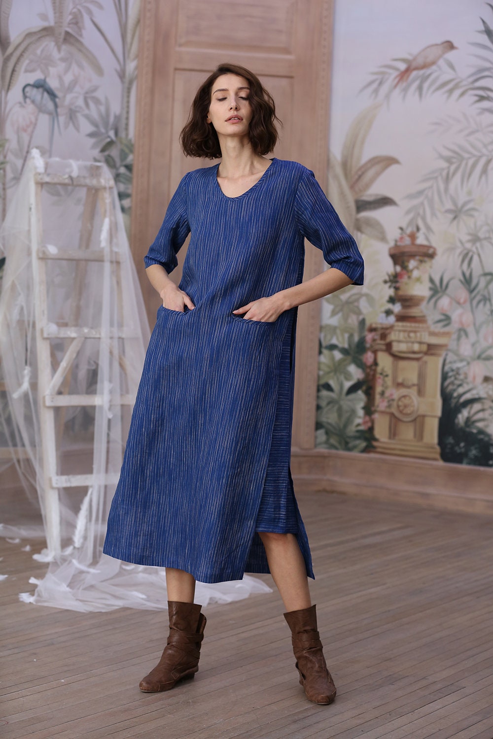 Linen tunic dress blue linen dress asymmetrical dress | Etsy