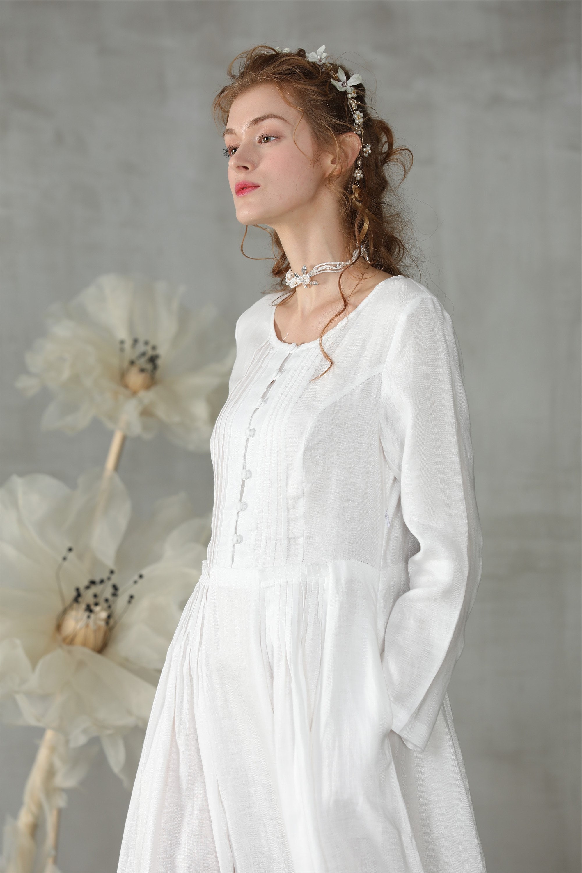 White Dress Linen Dress Maxi Dress Longsleeve Dress - Etsy Australia
