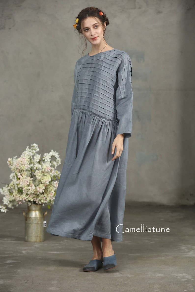 Drawstring Wasit Dress Maxi Linen Dress oNLY \u3010S M L left\u3011Gray linen dress Oversize Grey Linen Dress Maxi Smoky Gray Dress