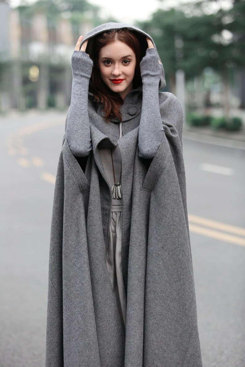 maxi wool poncho cape in grey, black, red, blue, long hooded wool coat cape, maxi coat, maxi wool cape, wool cloak Linennaive image 1