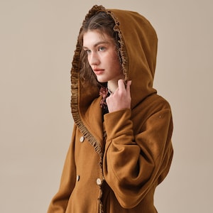 hooded wool coat in SaddleBrown, maxi coat, elegant coat, winter coat,warm coat, fit and flare coat | Linennaive