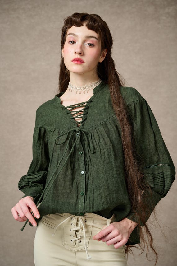 Green Linen Blouse, Lace up Blouse, Puff Sleeve Blouse, Long