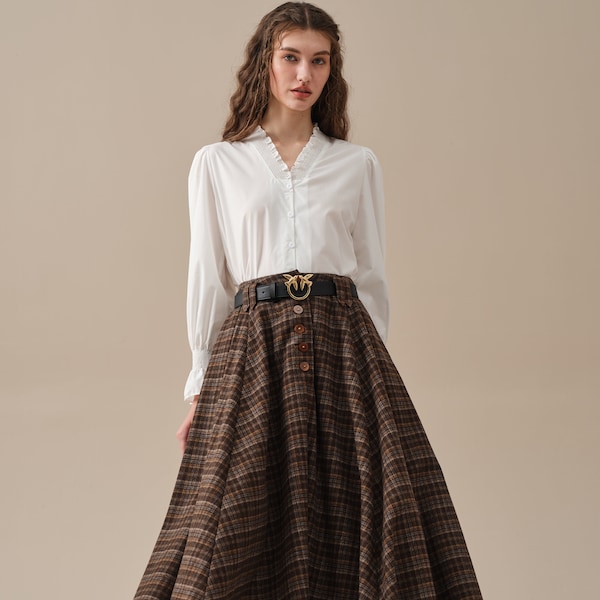 Midi wool skirt, Brown plaid wool skirt, vintage wool skirt, tartan skirt, winter warm skirt, pockets wool skirt | Linennaive