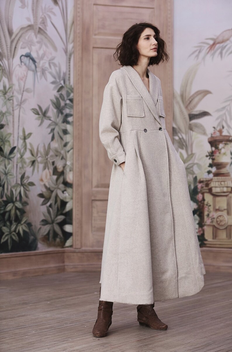 gray wool coat 100% cashmere coat maxi coat in gray black image 9