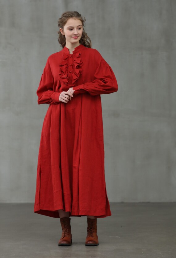 red linen shirt dress