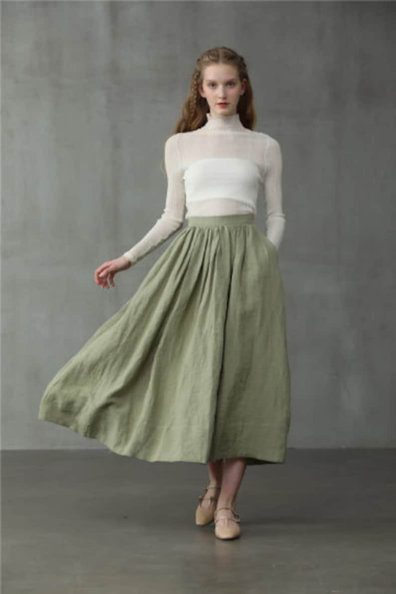 ashed lilac midi linen skirt, a line skirt, pleated flared skirt, 1950 skirt Linennaive image 9