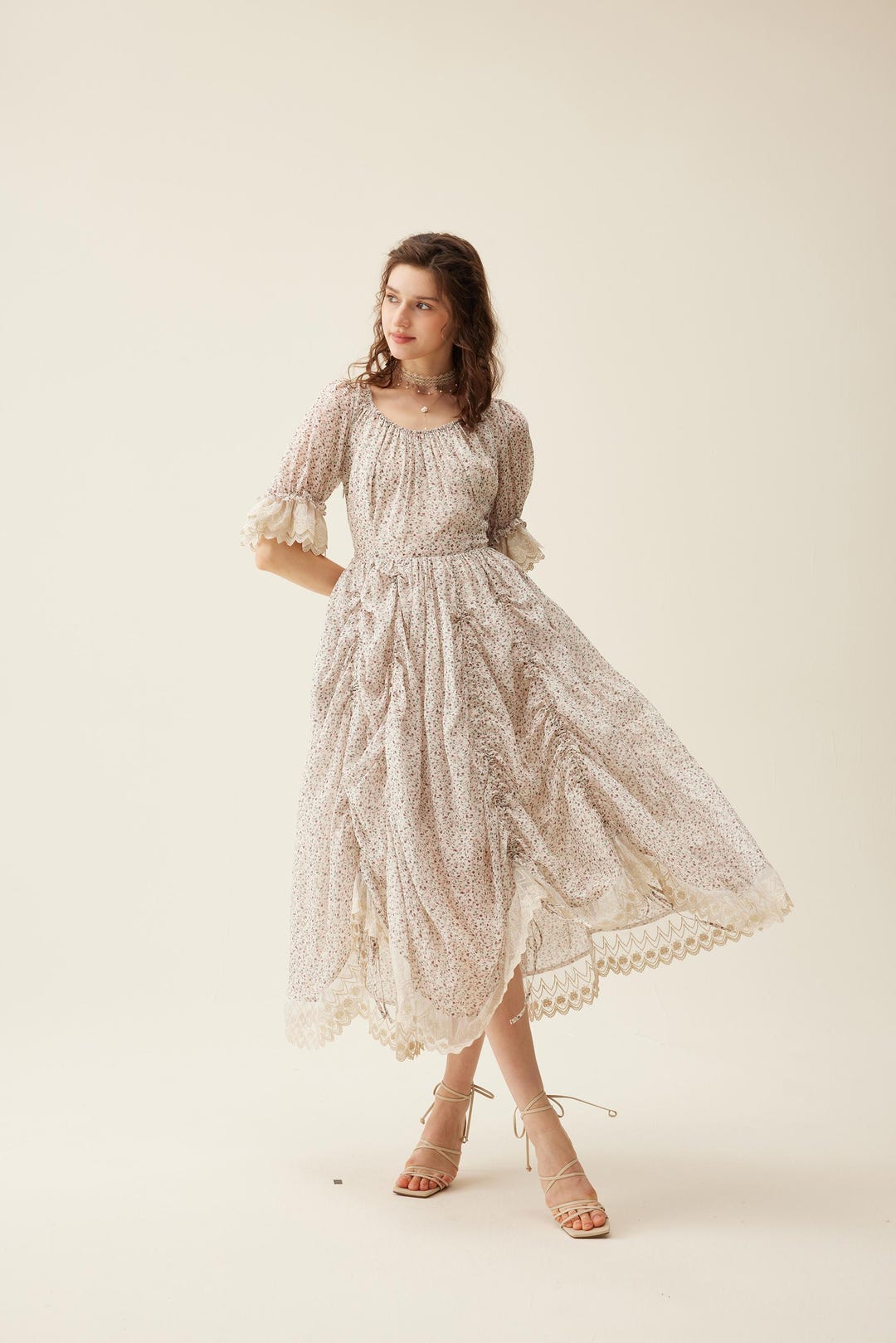 Romantic Floral Linen Dress, Ruffle Lace Dress, Medieval Dress