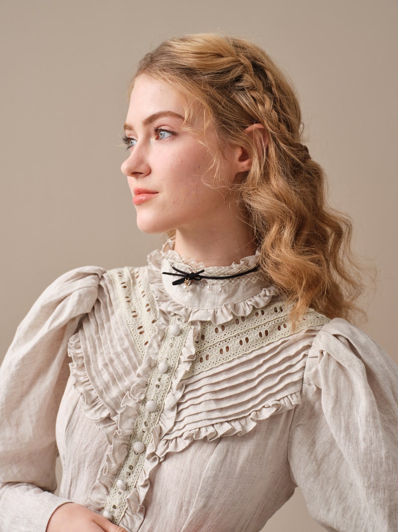 ruffled linen dress in creamwhite, victorian dress, vintage dress, elegant dress, long sleeved dress Linennaive image 10