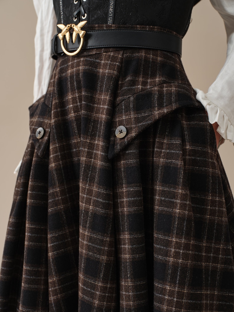 Retro Plaid Midi Wool Skirt, Brown wool skirt, vintage wool skirt, elegant skirt, pockets wool skirt, Handmade skirts Linennaive image 5