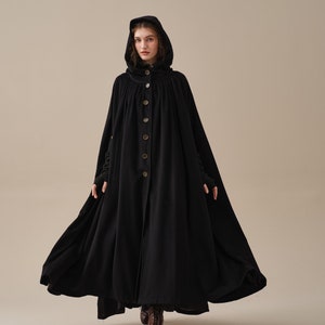 Hooded Wool Cloak Coat in black, Maxi Hooded wool cloak, renaissance cloak, witch cloak, full circle cape cloak, winter coat | Linennaive