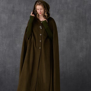Maxi Hooded Wool Coat Cloak in Olive Medieval Cloak - Etsy