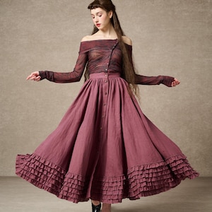 ビクトリア朝のマキシ リネン スカート、プラムのレトロ スカート、エドワード朝のスカート、ロング スカート、プリーツの流れるようなスカート、ルネッサンス フェスティバル スカート | Linennaive