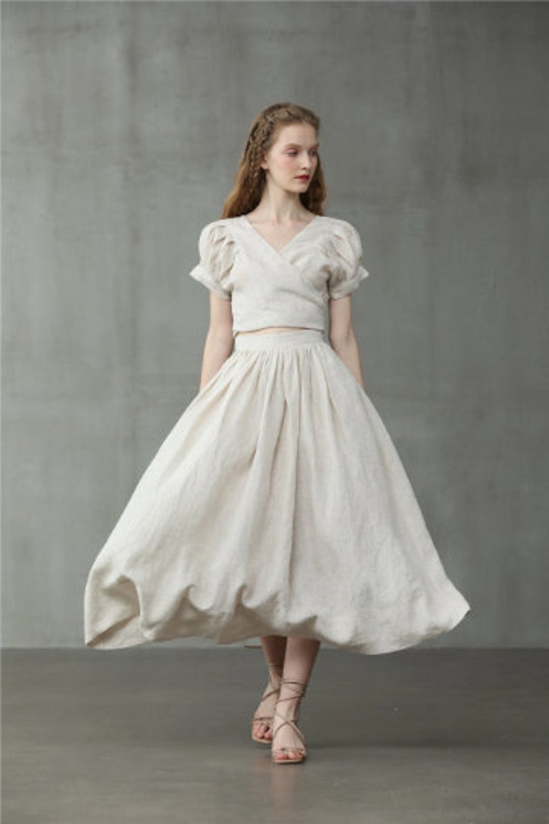 ashed lilac midi linen skirt, a line skirt, pleated flared skirt, 1950 skirt Linennaive image 7